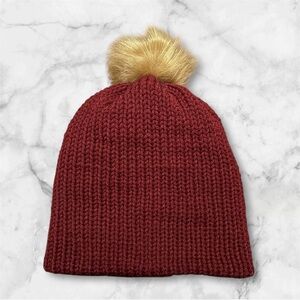 Handmade Maroon Knit Beanie with Faux Pom